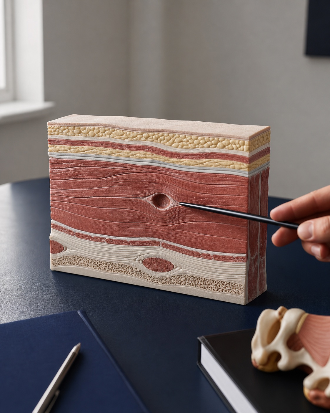 A clinician explaining abdominal wall anatomy with an educational model